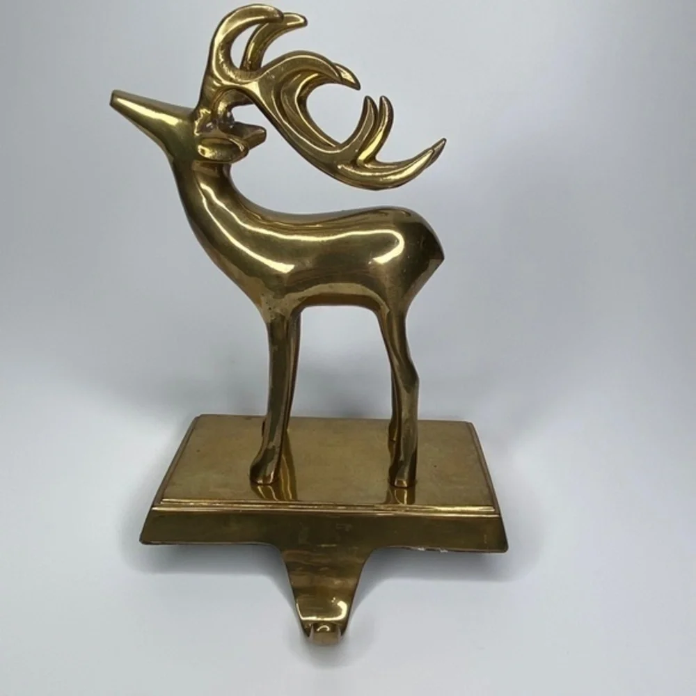 Pair of Brass Mantel‎ Holder Hangers Reindeer Christmas Holiday Stocking
